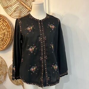 Vintage Lily Black Hand Embroidered Boho Folk Floral Blouse Shirt Top Medium